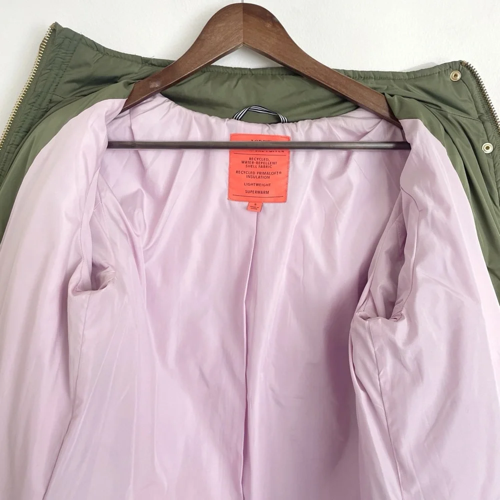 J. Crew Quilted Cocoon Puffer Jacket Army Green Gold Oversized Cozy Casual - Picture 7 of 11